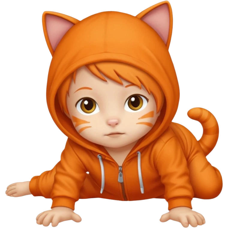little kid Toddler in orange cat hoodie, crawling pose emoji