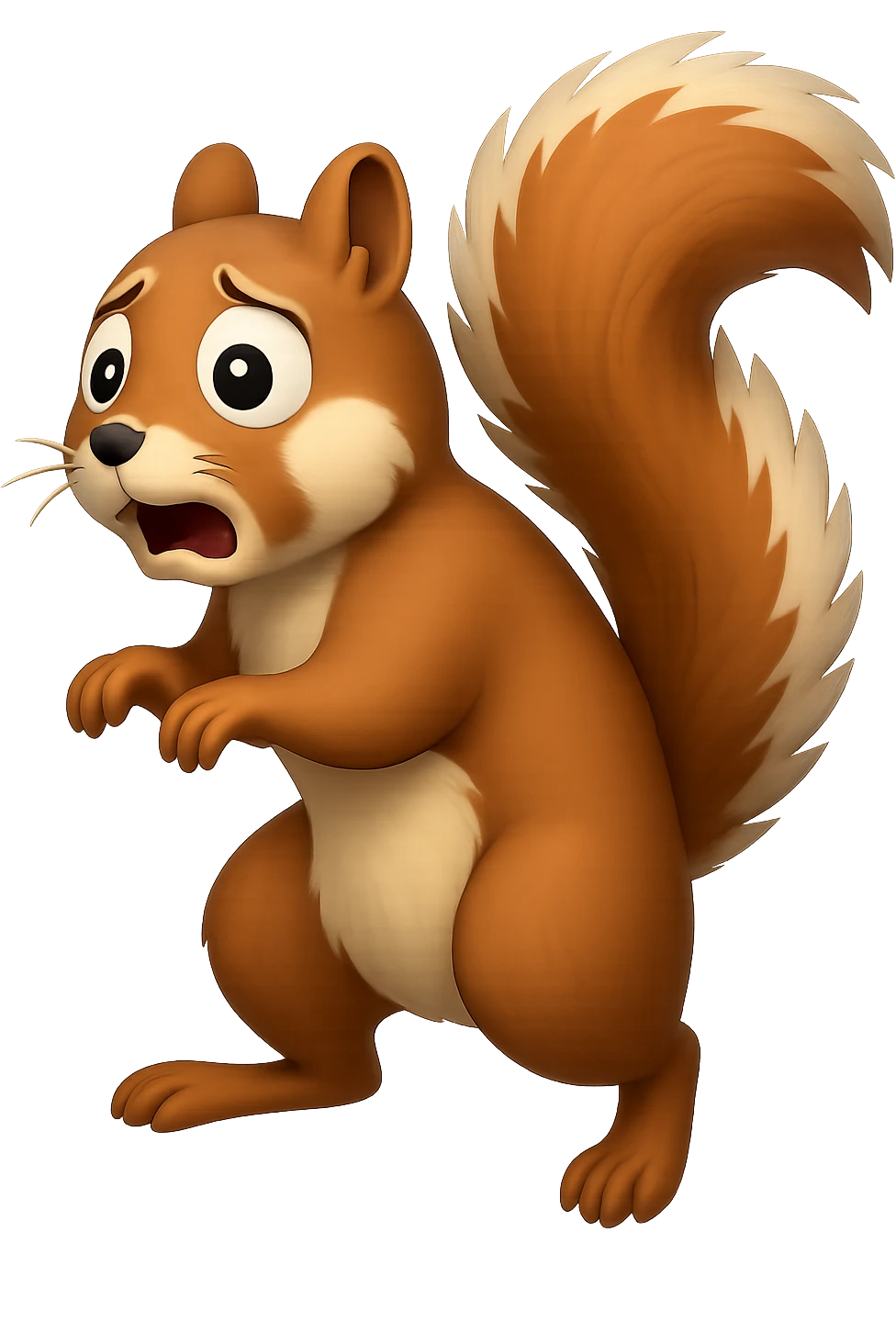 Make the squirrel look scared, with wide eyes and a startled expression, in apple emoji style, with no background (transparent). emoji