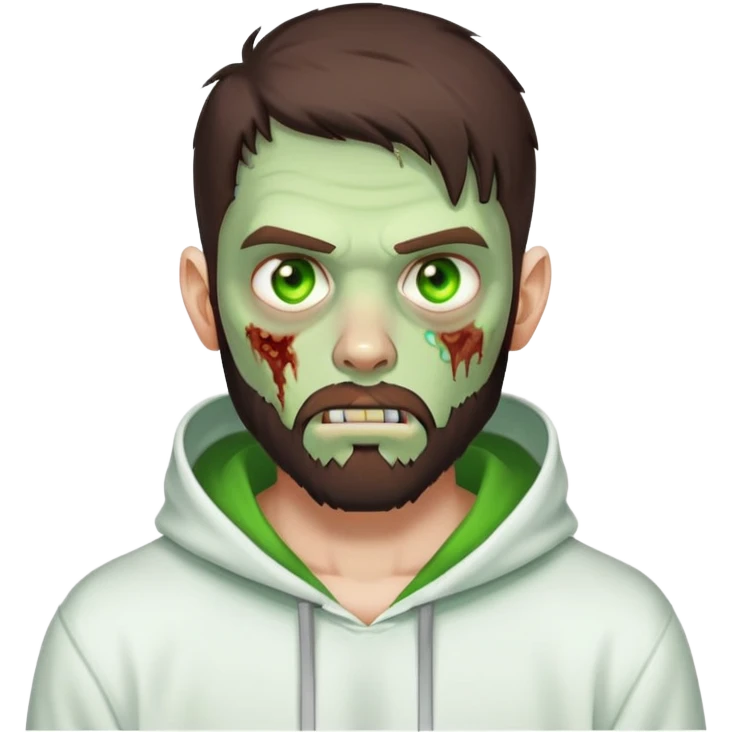 zombie making peace sign, undercut hairstyle with dark brown hair, short full beard, glowing green eyes, wearing plain white hoodie emoji