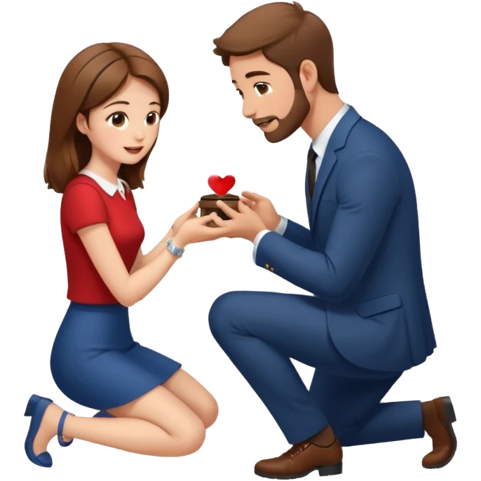 A brown haired man with a short beard proposing to a brown haired girl with a ring box emoji