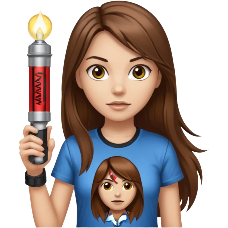 a female with long straight brown hair and brown eyes wearing a iron maiden shirt holding a flashlight  emoji