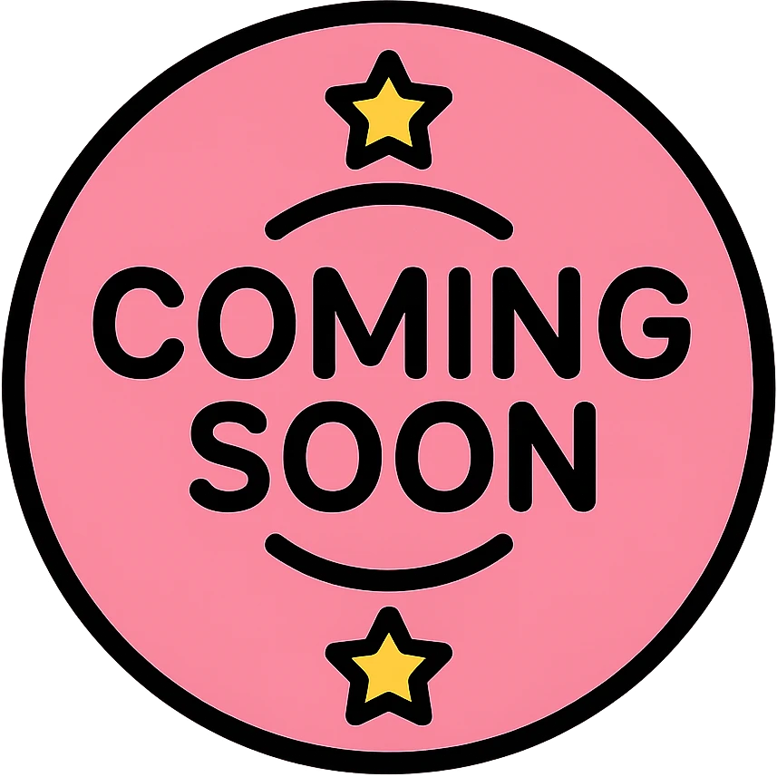 baby pink coming soon stamp, color outline style, circular stamp with stars, clear text emoji