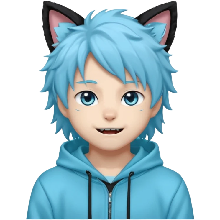 A fluffy anime-style male character with black fur, cat ears, a long fluffy tail, and sharp blue eyes. He wears a light cyan hoodie that says 'Imagine and go with the flow' and matching sweatpants. He has sharp fangs that show when he smiles, giving him a playful but mysterious vibe. emoji