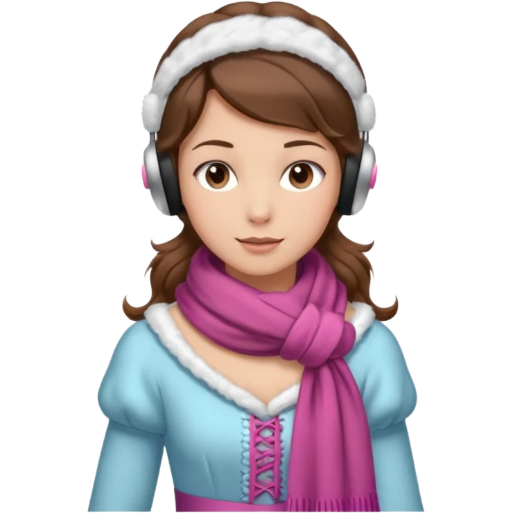 Victorian ice skater in a long dress. She is wearimg a scarf and earmuffs. She has brown hair. emoji