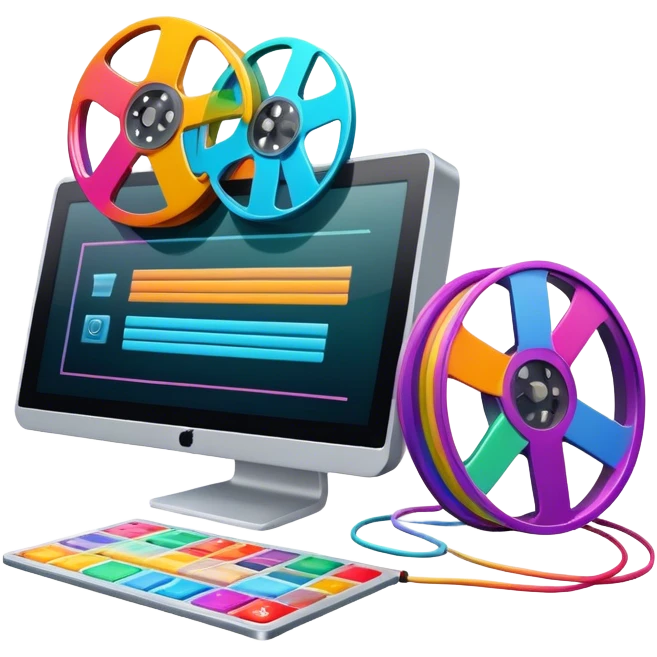 a vibrant and modern icon representing Animation and Motion Design, featuring elements like a film reel, a computer screen displaying animation, dynamic motion lines, and a cinematographic film strip on an editing table. colorful, and dynamic, without any emojis. The background  transparent. emoji