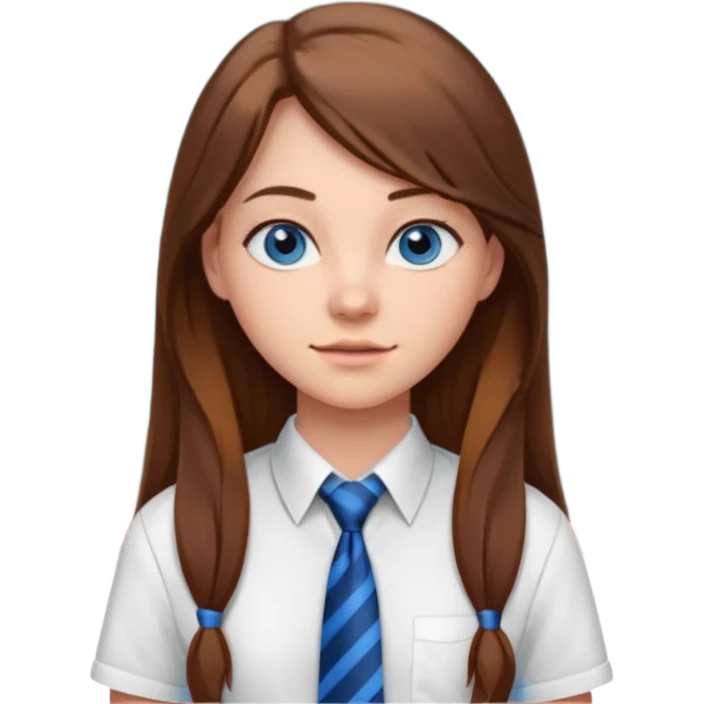 high school class room with a blackboard, with a pretty female high school student with long brown hair, blue eyes, wearing a tie emoji