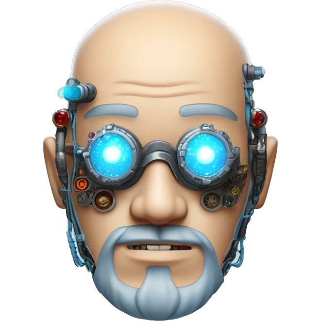  Bald Asian male cyborg head with light blue beard, red steampunk goggles and circuits emoji