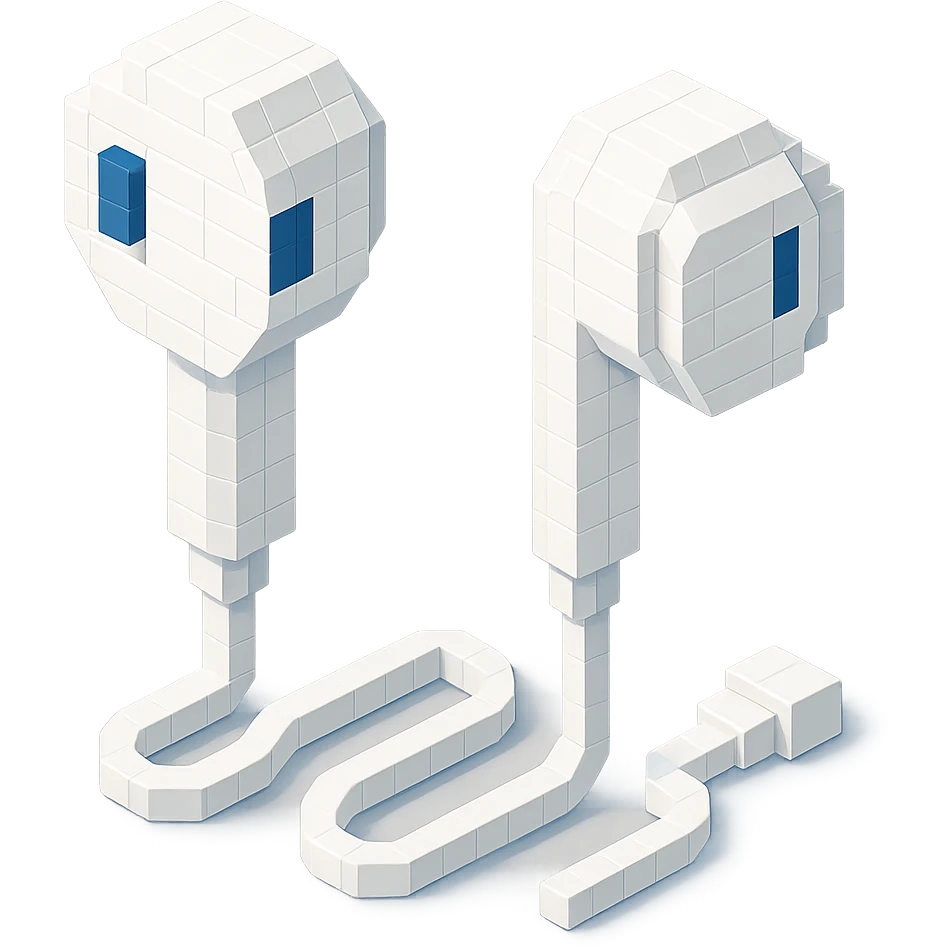white Apple EarPods, isometric view, voxel style emoji