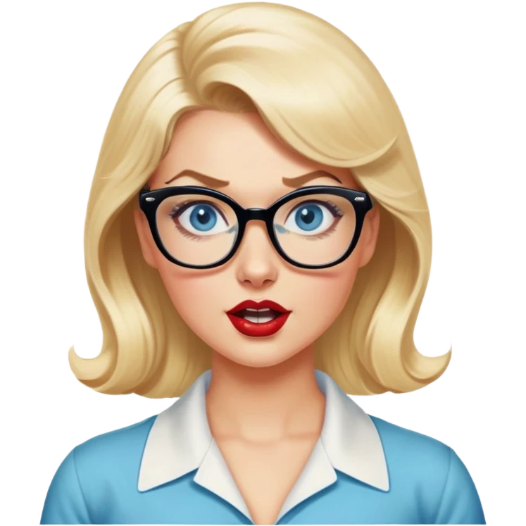 Blonde hair, blue eyed, wearing glasses 50's style pinup looking crazy emoji