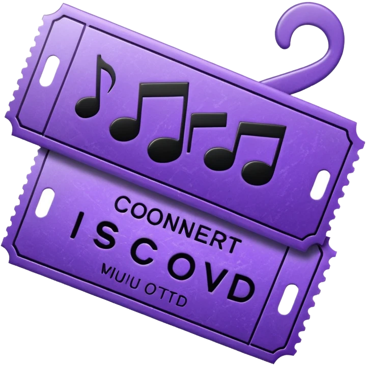 concert ticket, purple, with a music note emoji