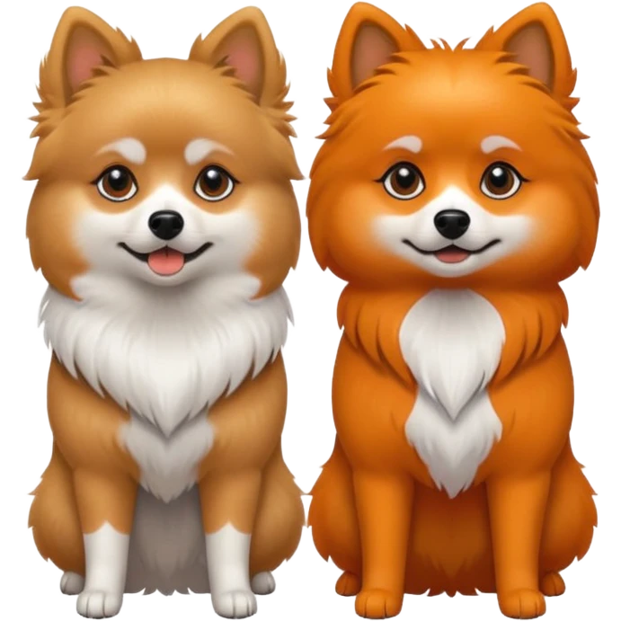 TWO POMERANIANS STANDING NEXT TO EACH OTHER. GIRL WHITE WITH ORANGE PATCHES AND BOY ALL BLACK WITH WHITE ON SNOUT AND CHEST . EMOJI DOGS. emoji