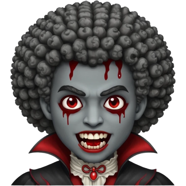 vampire with grey skin, fanged teeth, blood on face and a curly Afro emoji