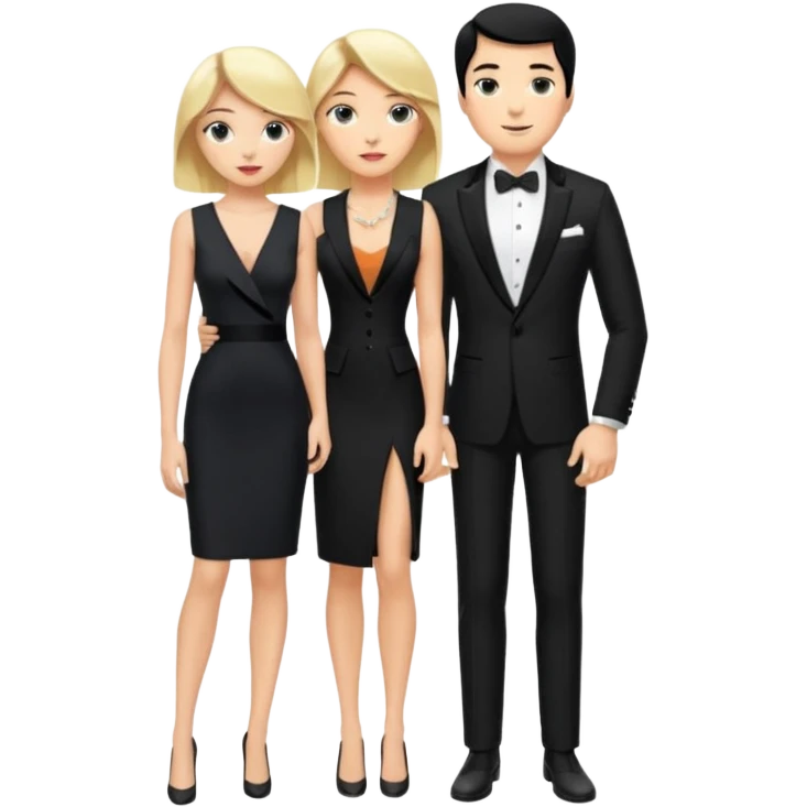 Blonde woman, black, Long, tight, sleveless Dress, Slot left Leg, man, black Hair, in Dinner jacket emoji