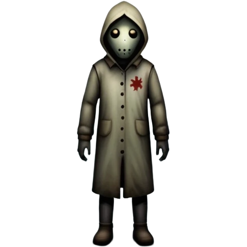 An icon representing a horror game, inspired by Silent Hill 2. The design features a foggy, eerie street with a shadowy figure in the distance. Creepy, dim lighting and dark, abandoned buildings set the tense atmosphere. Transparent background enhances the unsettling mood. emoji