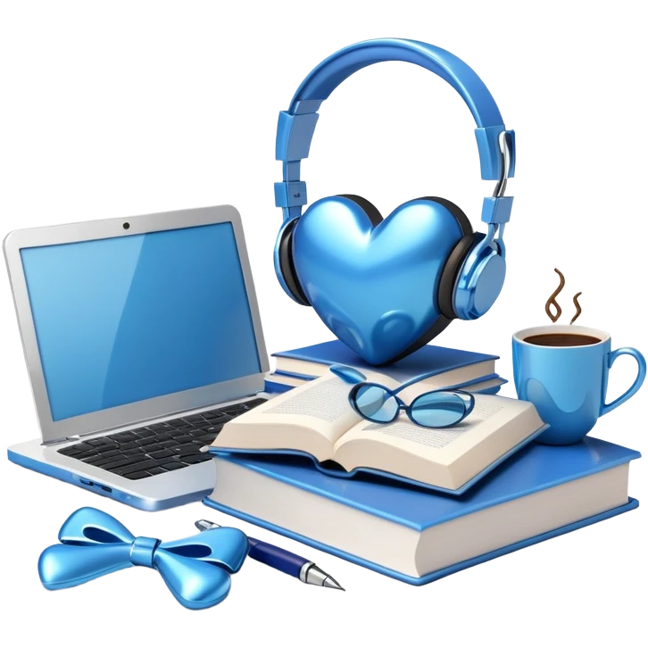 A collection of cute, glossy, metallic blue-themed objects like a heart, headphones, coffee cup, books, bow, pen, and a laptop — arranged on a white background, 3D style with soft reflections and shadows, minimal and modern aesthetic. emoji