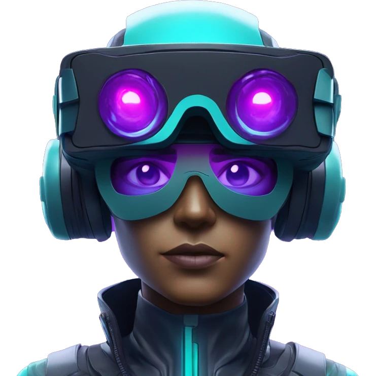 Secret human agent in a futuristic hat with in Apple VR goggles headset code display on the goggles , cyberpunk, cyan and purple colors, only upper body portrait, front facing the camera  emoji
