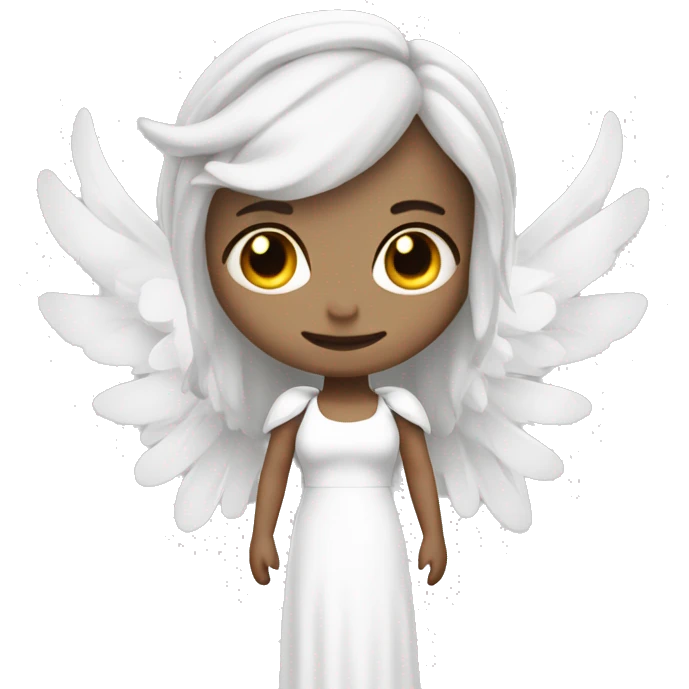 Angel with white hair and horns with big wings ram horns and no eyes and a long white dress emoji