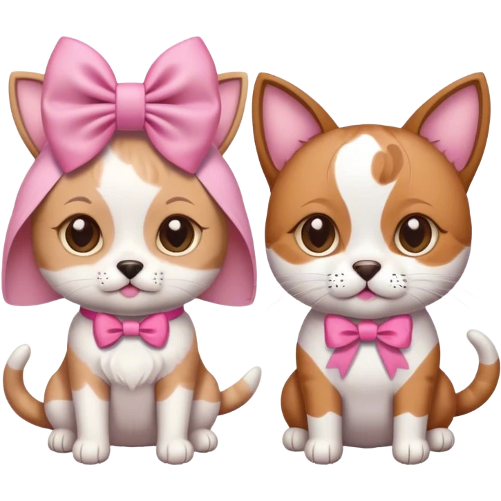 dog and a cat together with a pink bow on their heads emoji