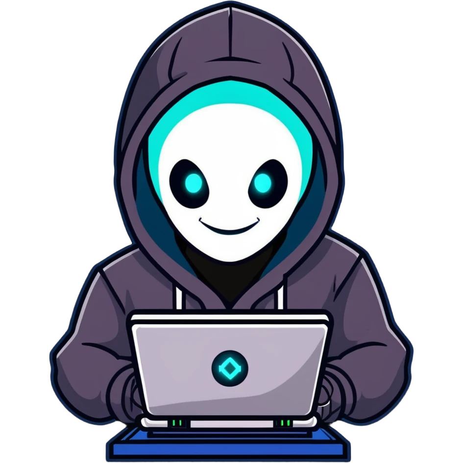 Menacing robot hacker in dark hoodie with glowing screens, digital circuits, malicious smile emoji