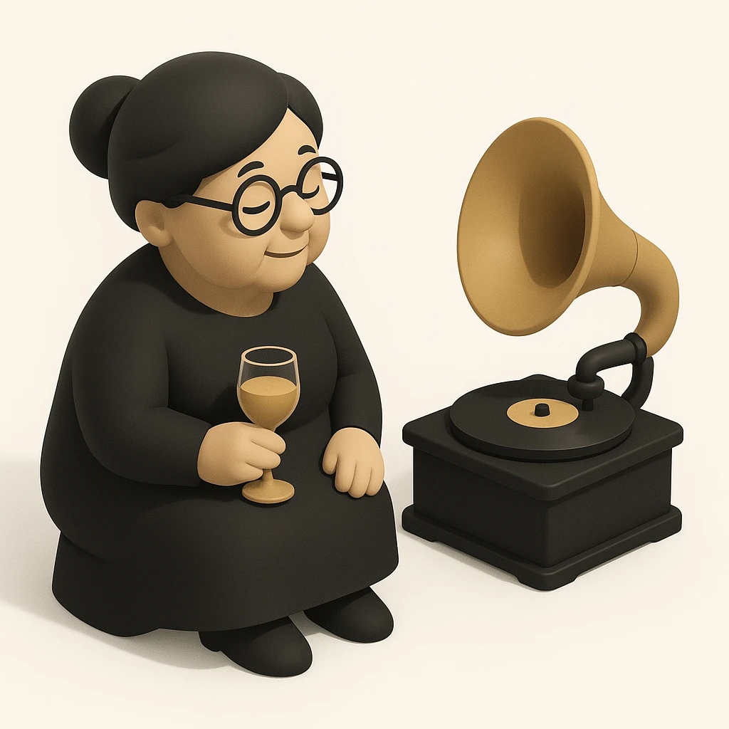 old lady with wineglass listening to gramophone emoji