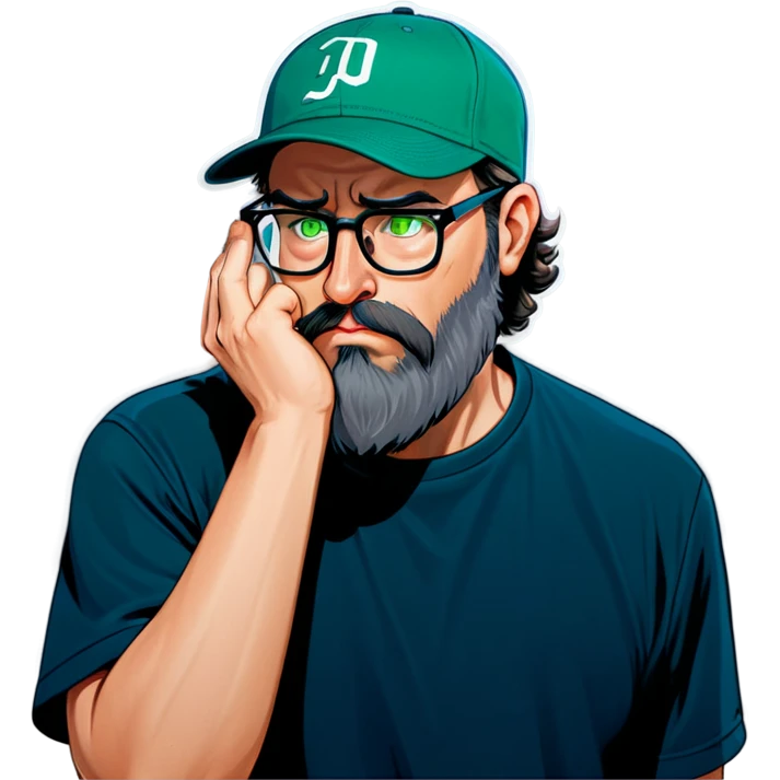 A man with a grey baseball cap, green eyes, big dark brown beard and glasses, facepalm emoji