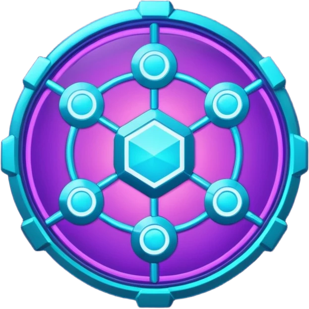 Futuristic blockchain node badge icon, circular emblem with interconnected glowing nodes, all nodes softly illuminated, neon cyan and violet gradient, sci-fi web3 game UI style, metallic rim, dark background, 3D polished game asset, sharp and high detail, centered composition emoji