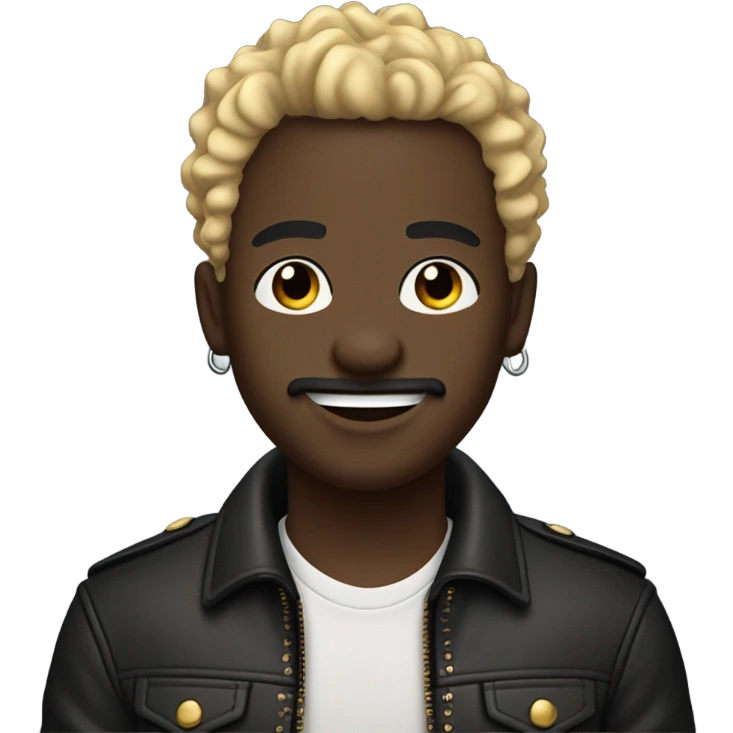 smiling darkskin boy hair in leather jacket with blonde curly hair and mustache and beard and multiple ear piercings  emoji