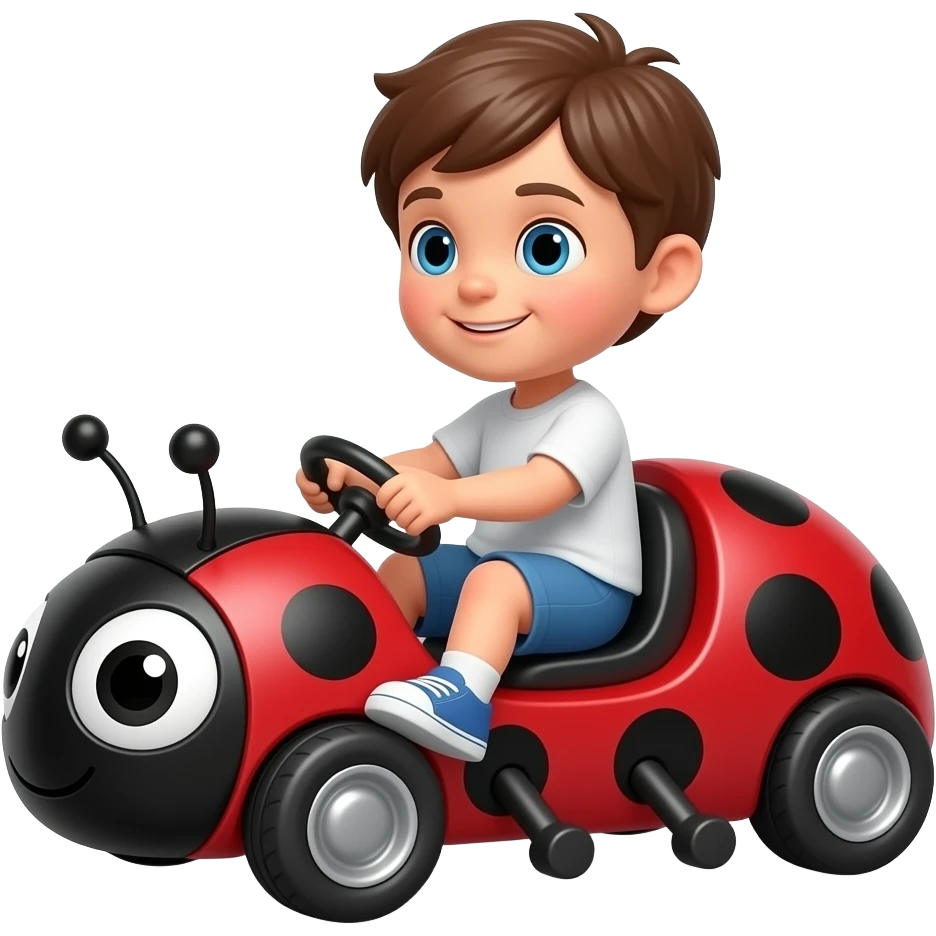 A kid riding on a ladybug as the go kart emoji