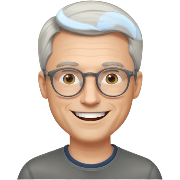 40 yr old pale white man, grey side swept hair, round glasses, big smile, white teeth, handsome, longer hair, thin glasses emoji