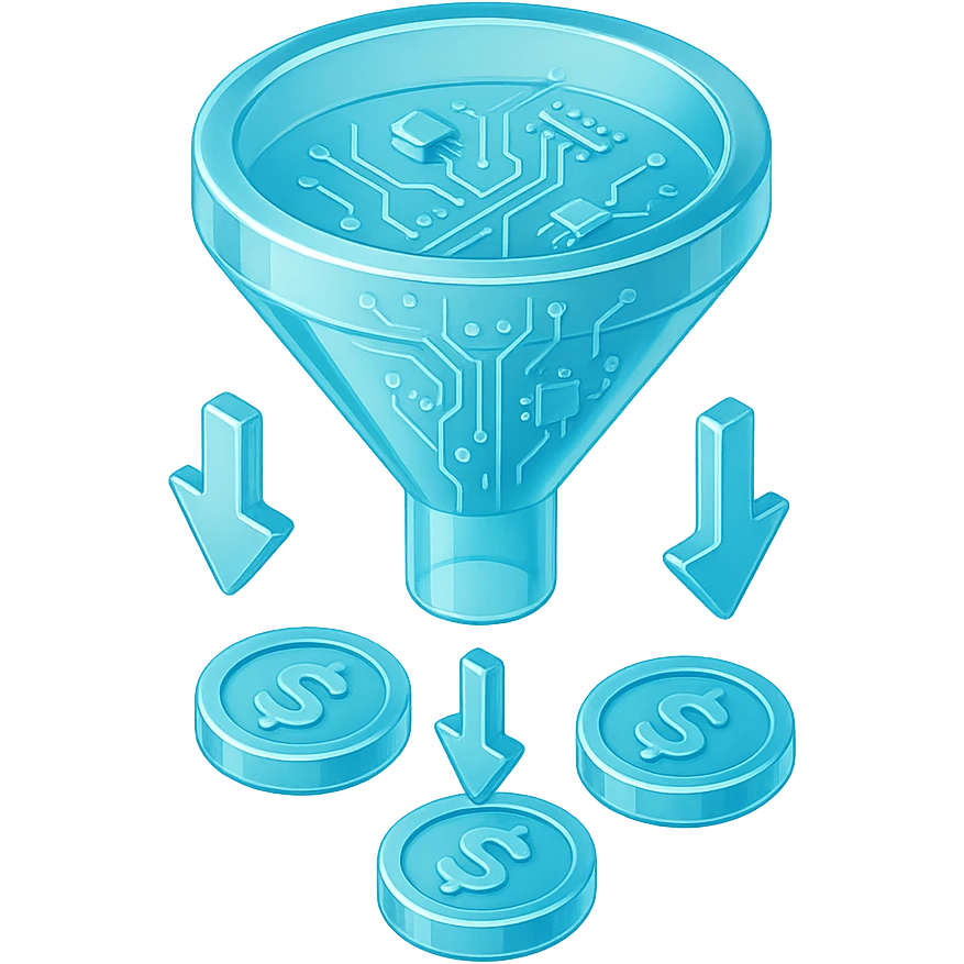 Flat icon of a funnel with coins and arrows, cyan blue emoji