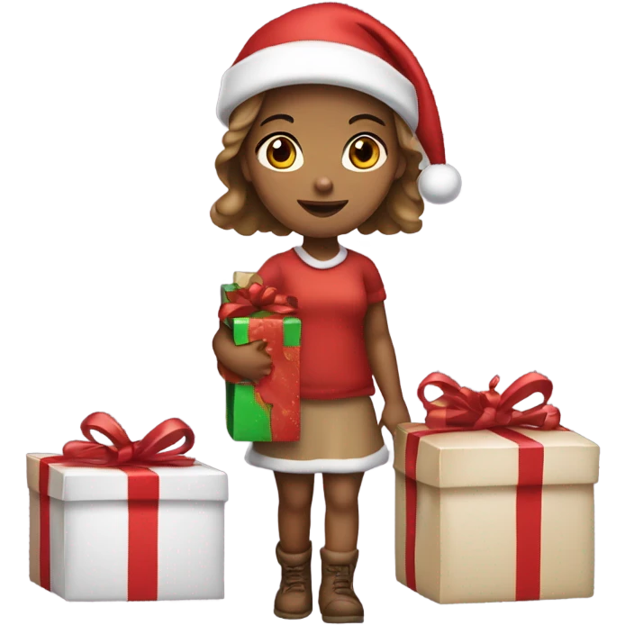 girl with light brownish skin wearing santa hat and holding presents emoji