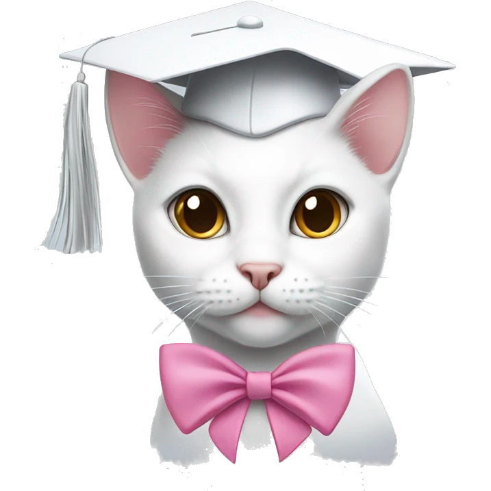 white she cat wirh brown eyes and a pink little bow, with a graduation cap emoji