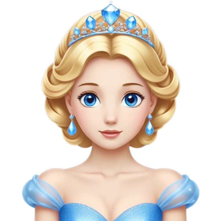 Cinematic Stunning Cinderella Portrait Emoji, Radiant in her sparkling blue ball gown, golden hair in a perfect updo, soft blue eyes full of wonder, glistening tiara, glowing with an ethereal beauty, regal yet kind, a dreamlike aura surrounds her, capturing the essence of a fairy tale princess, elegant and breathtaking! emoji