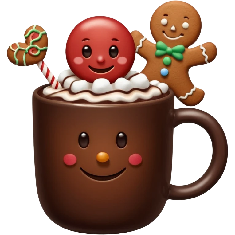 A hot chocolate with a gingerbread man and marshmallows emoji