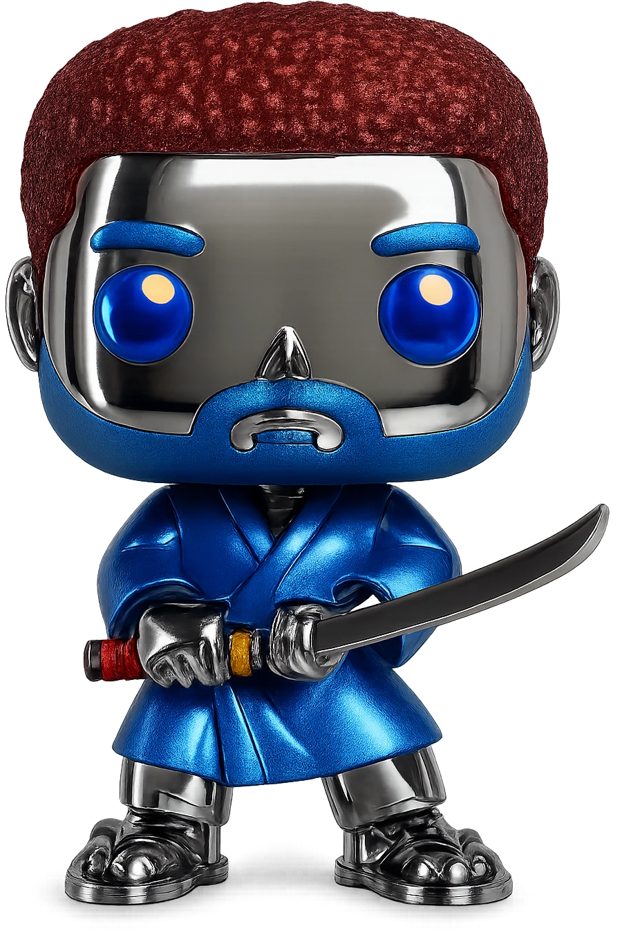 Transform this Funko Pop figure into a chrome version with shiny, reflective skin. Add bold, colorful details to the eyes, hair, and clothing, keeping the chrome effect on the skin and base. The eyes, hair, and clothes should be vivid and playful, while the rest remains chrome. emoji