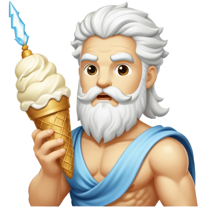 Zeus eating white ice cream and holding a thunderbolt emoji