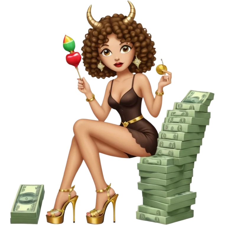 seductress evil brown curly haired sexy drug lord woman with clear glittery platform heels on her feet and horns on her head, holding a stack of cash and a lollipop in her mouth emoji