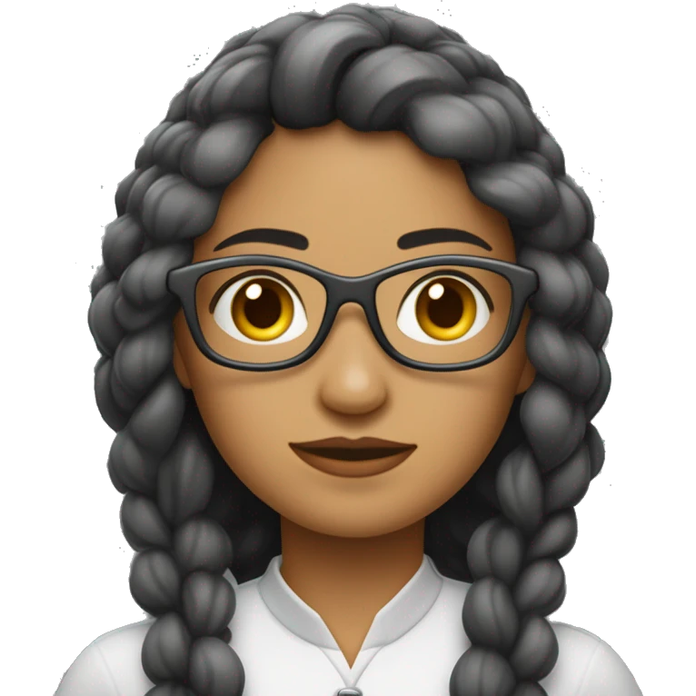 Uma mulher com cabelos longos e loiros liso,usando óculos de grau com armação preta com um colar de contas com uma pena . emoji