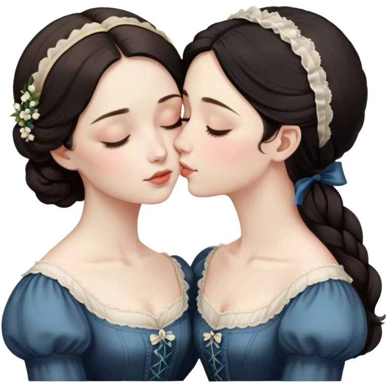 Two Victorian women sharing a gentle kiss, eyes closed, one with dark hair and one with light hair, both wearing modest dark Victorian dresses emoji