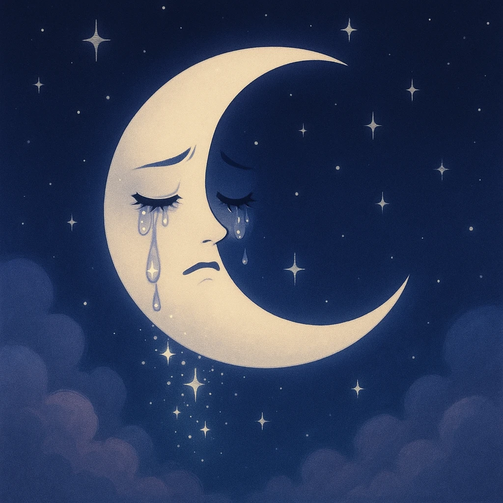 aesthetic nightcore crescent moon with closed eyes, teary, sparkles falling like tears, stars, navy-to-indigo gradient background, soft clouds, dreamy sadness emoji