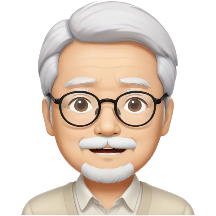 ​Cinematic Realistic Portrait of Hayao Miyazaki, depicted with defined black eyebrows, and large rectangular glasses, his happy expression rendered in lifelike detail, illuminated with soft, realistic lighting that emphasizes his creative genius, emoji