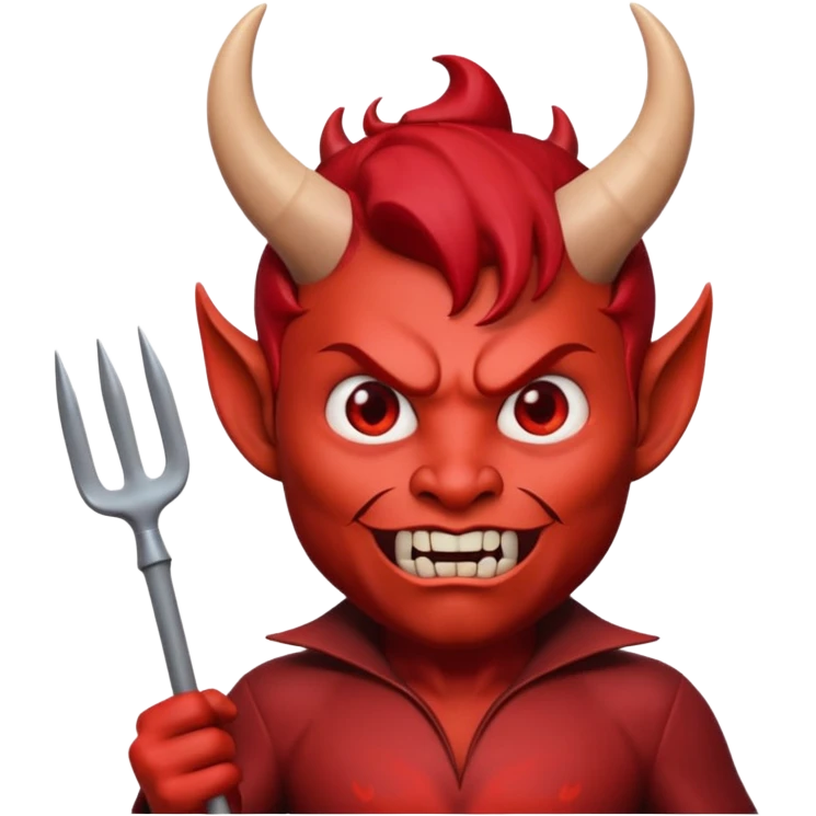 3D Memoji style male devil, red skin, horns, pitchfork, scary expression, soft lighting, solid background. emoji