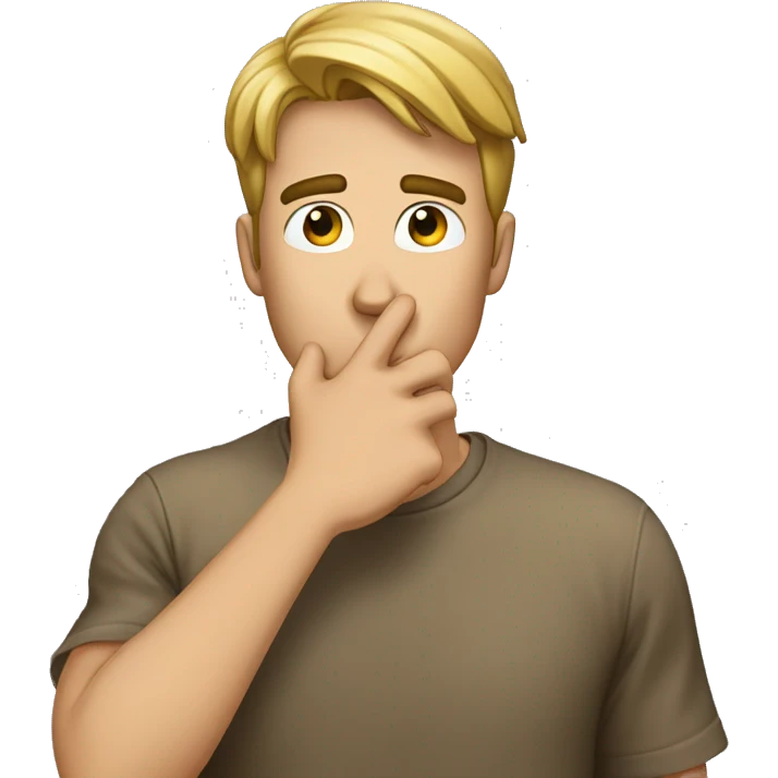 Describe a scene where a guy puts his hands on his mouth, gesturing for silence with a 'shhhh.' What's happening around him? What might he be trying to convey or hide with that gesture emoji