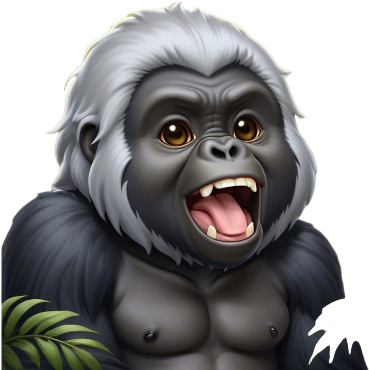Cinematic Cute Yawning mountain Gorilla Portrait Emoji, Head tilted slightly with a dramatic, wide-open yawn, showcasing a formidable build with a silvery mane and drowsy, half-closed eyes, Simplified yet irresistibly adorable features, highly detailed, glowing with a soft, cozy jungle glow, high shine, relaxed yet expressive, stylized with a dash of whimsical primate charm, soft glowing outline, capturing the essence of a drowsy yet affectionate guardian that appears ready to stretch out for a nap! emoji