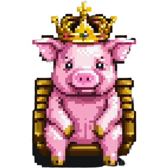 LEGO style pixel art pig with a golden crown sitting on a throne, classic LEGO brick shapes and studs, bright colors, simple and blocky emoji