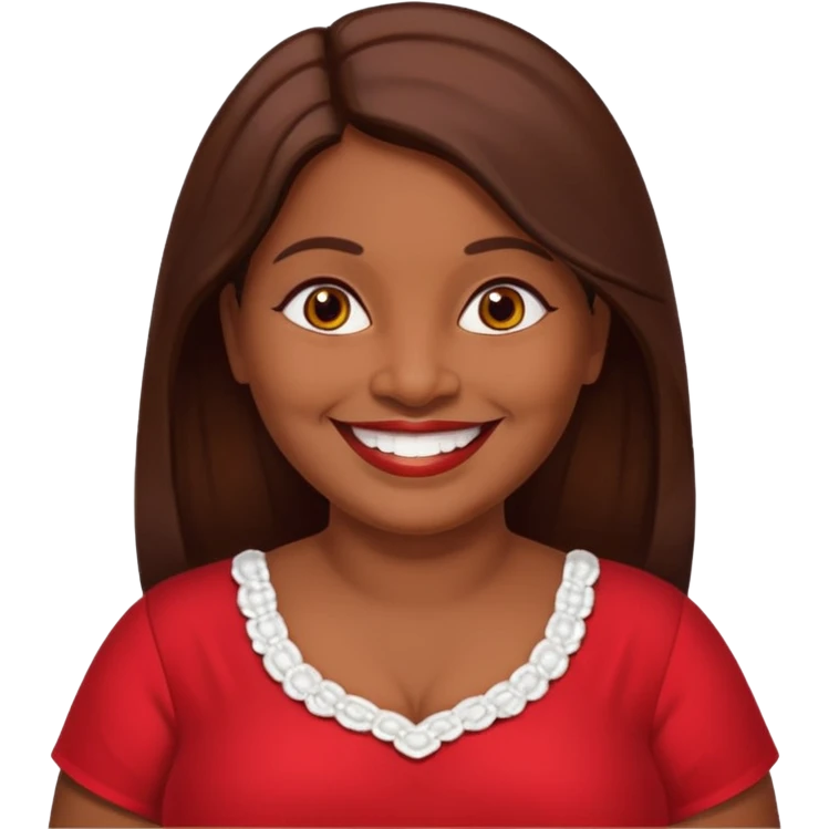 50 yr old chubby Sri Lankan woman, dark skin, straight brown hair, big smile, white teeth, red dress clothes, longer hair emoji