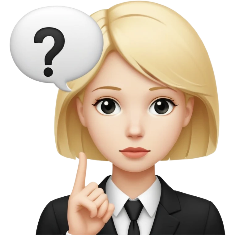 blonde haired white woman in a black formal suit with a white speech bubble containing a black question mark next to her head emoji