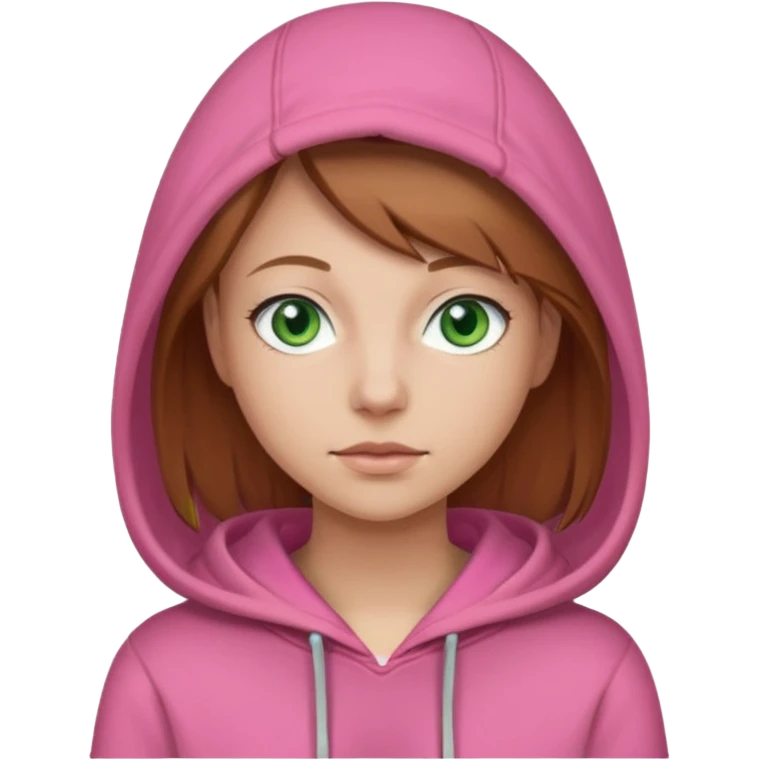  Una donna con una felpa semplice rosa,i capelli sono lunghi fino alle spalle marroni chiaro,gli occhi sono verdi  emoji