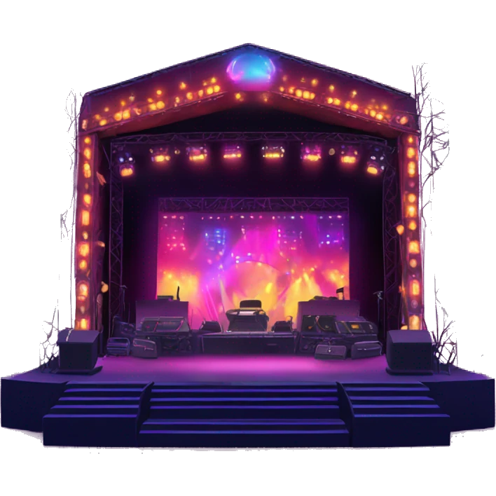 music festival stage with neon lights and production special effects emoji