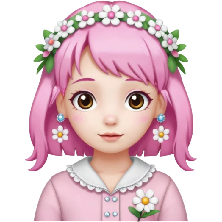A girl with pink and white hair, adorned with flowers as hair accessories, wearing My Melody clothing.Let the girl be older  emoji
